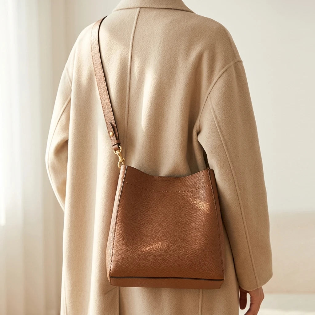 Sac à main bandoulière cuir de vache véritable seau authentique - Rosa