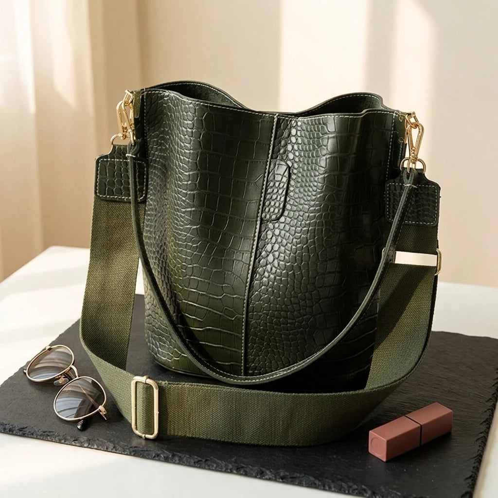 Sac à main bandoulière effet crocodile seau patiné - Francesca